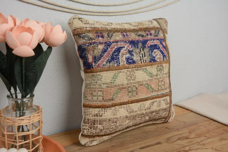 Tribal Pillow, Kilim Pillow, Kilim Pillow Cover, Authentic Pillow Cover, 14x14 Blue Pillow Case, Ottoman Pillow Case, Vintage Pillow, Cushion Cover - 1