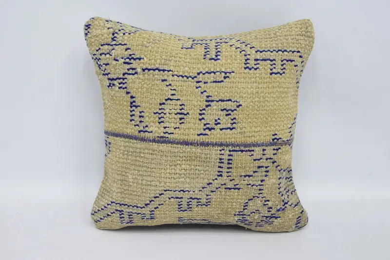 Pillow Case, Vintage Kilim Throw Pillow, Tapestry Cushion, 16x16 Beige Pillow Case, Ethnical Kilim Rug Pillow, Turkish Pillow - 1
