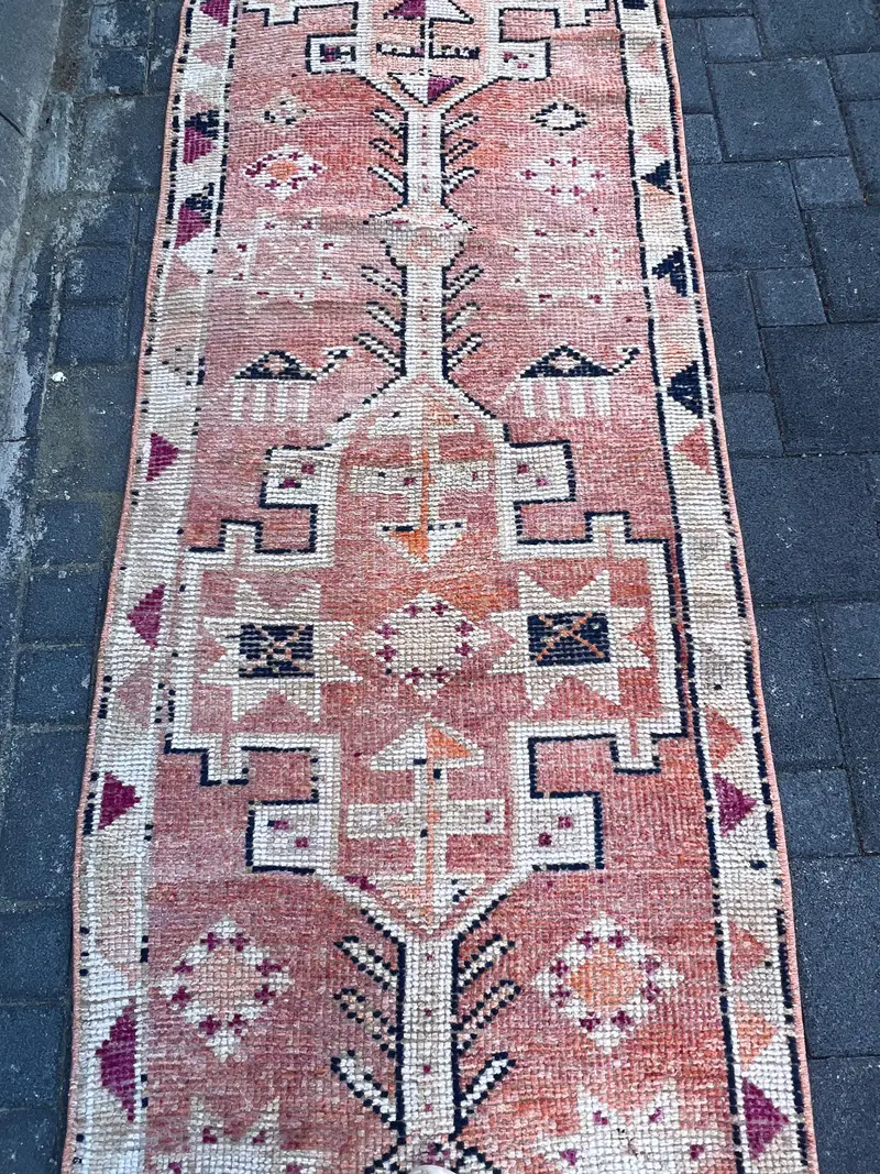 Vintage 2.8x11.4 ft Rug, Turkish Runner Rug, Red Plants & trees Rug - 1