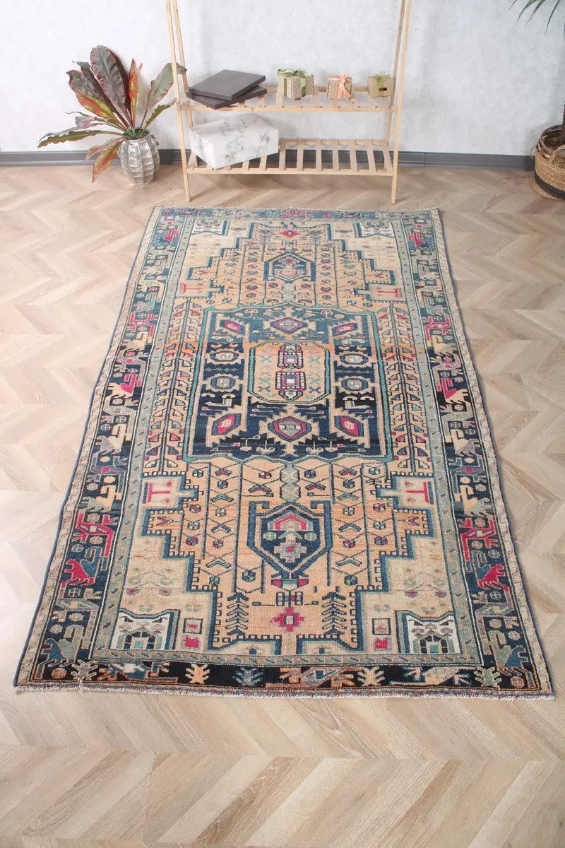 Türk Vintage Alan Halısı 4.4x7.6 ft, Oushak Mavi Yün Halı - 1