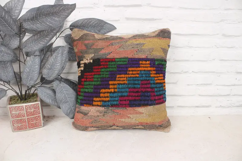Handmade Kilim Cushion, 16x16 Rainbow Cushion Case, Vintage Cushion Cover, Pillow for Sofa, Home Decor Pillow, Pillow, Pet Pillow Case - 1