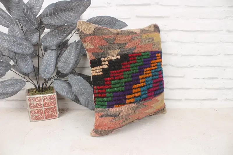 Handmade Kilim Cushion, 16x16 Rainbow Cushion Case, Vintage Cushion Cover, Pillow for Sofa, Home Decor Pillow, Pillow, Pet Pillow Case - 3