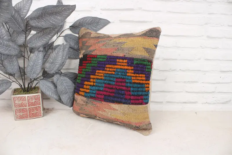 Handmade Kilim Cushion, 16x16 Rainbow Cushion Case, Vintage Cushion Cover, Pillow for Sofa, Home Decor Pillow, Pillow, Pet Pillow Case - 4