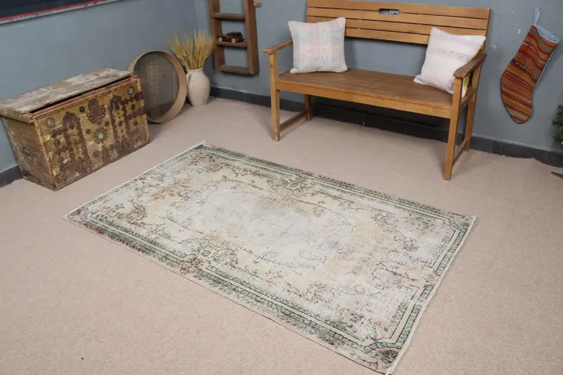 エレガントなベージュ&グリーンラグ、3.7x6.2フィート花柄&幾何学模様