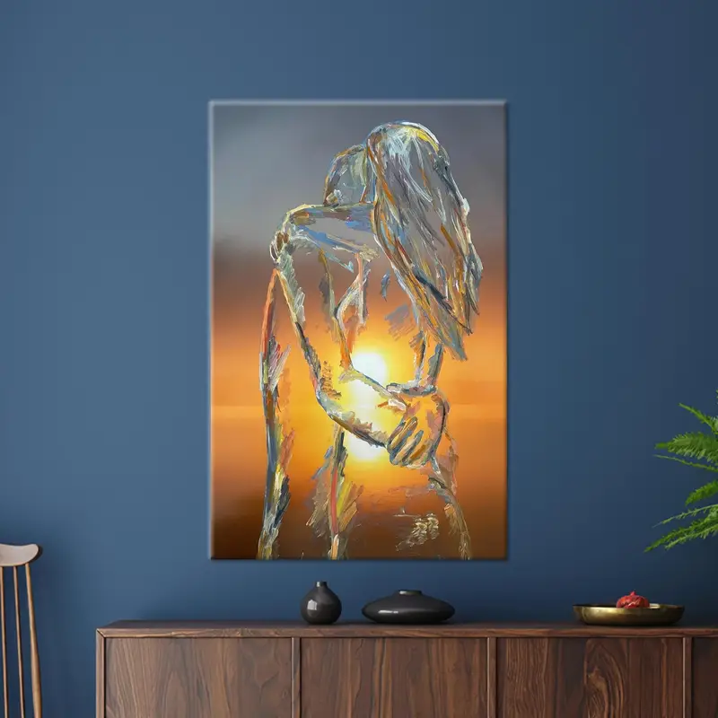 エレガントな夕日の恋人キャンバス: 抽象的なカップルアートプリント