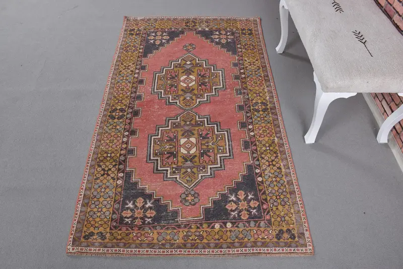 Red and Yellow Rug, 3.4x6.2 ft Bordered Design