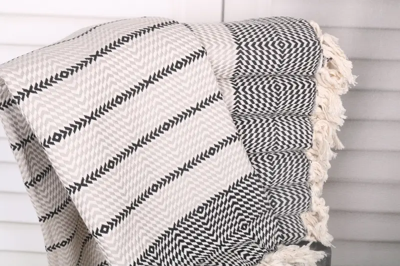Handmade Turkish Beach Towel Diamond Gray-Black Organic Cotton, 40x79 Inches