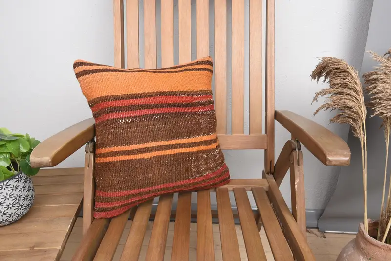 Patio Cushion, Ethnic Throw Cushion Cover, Ethnical Kilim Rug Pillow, 16x16 Orange Pillow Sham, Kilim Pillow Cover, Pillow Case, Throw Kilim Pillow - 1