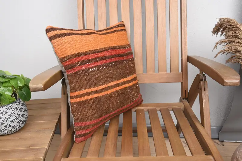 Patio Cushion, Ethnic Throw Cushion Cover, Ethnical Kilim Rug Pillow, 16x16 Orange Pillow Sham, Kilim Pillow Cover, Pillow Case, Throw Kilim Pillow - 2