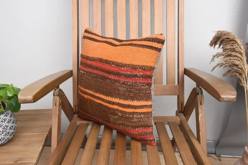 Patio Cushion, Ethnic Throw Cushion Cover, Ethnical Kilim Rug Pillow, 16x16 Orange Pillow Sham, Kilim Pillow Cover, Pillow Case, Throw Kilim Pillow - 3