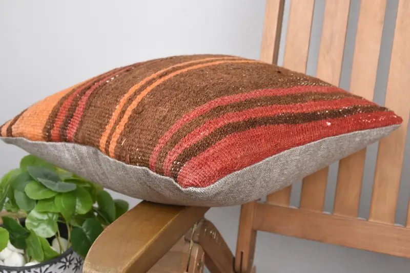 Patio Cushion, Ethnic Throw Cushion Cover, Ethnical Kilim Rug Pillow, 16x16 Orange Pillow Sham, Kilim Pillow Cover, Pillow Case, Throw Kilim Pillow - 6
