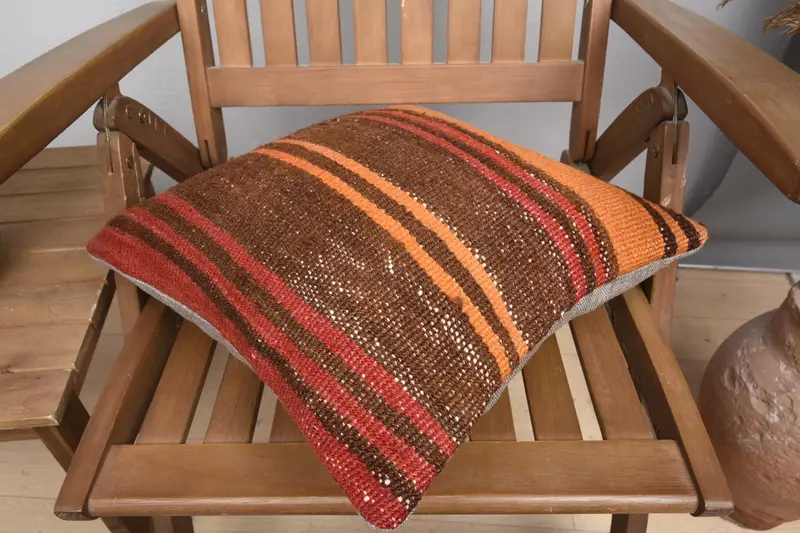 Patio Cushion, Ethnic Throw Cushion Cover, Ethnical Kilim Rug Pillow, 16x16 Orange Pillow Sham, Kilim Pillow Cover, Pillow Case, Throw Kilim Pillow - 4