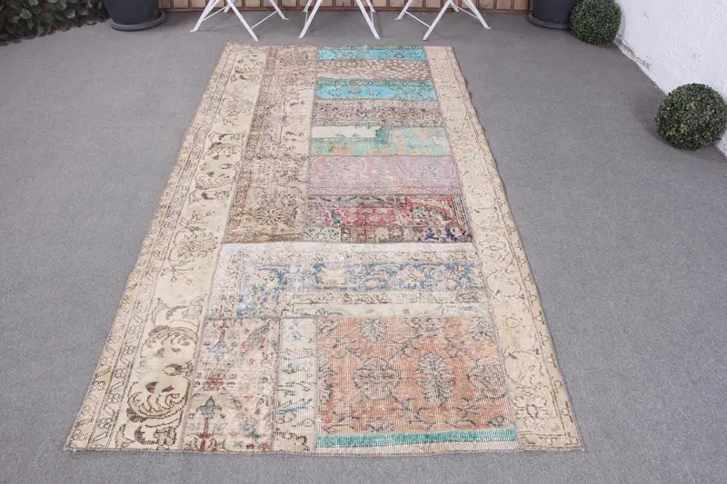 El Yapımı Fas Halısı, Bej ve Mavi 3,9x7,8 ft