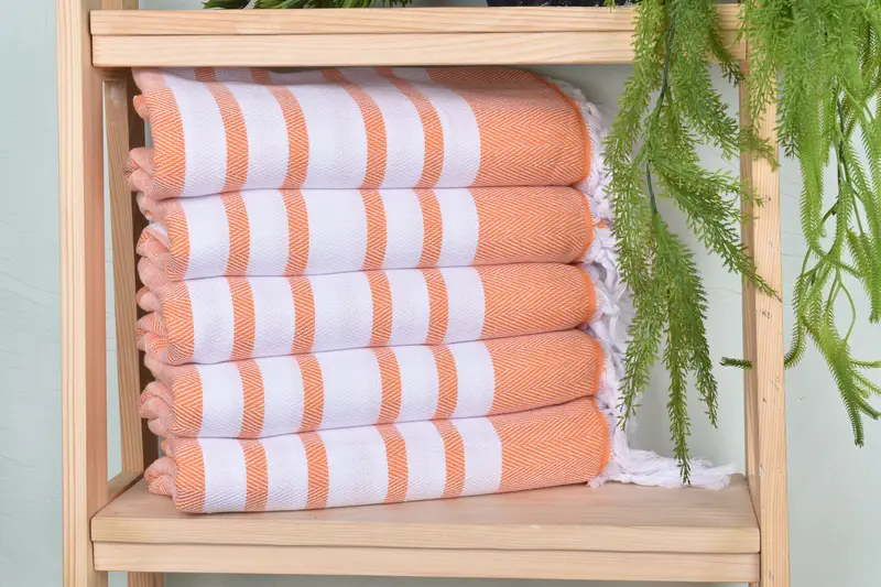 36x67 Inches Orange Cotton Towel, Chevron Pattern, Art Deco Wedding Gift