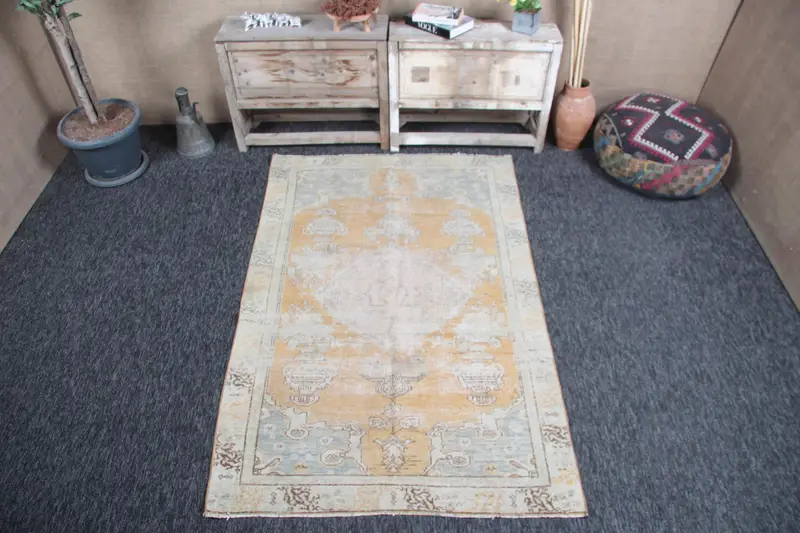 Turkish Vintage Accent Rug 3.9x6.1 ft, Oushak Yellow Wool Rug - 1