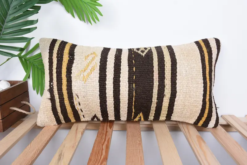Pillow for Couch, Kilim Cushion Sham, Floor Cushion Case, Handmade Pillow Sham, Cushion Case, Turkish Pillow, 12x24 Beige Pillow Cover - 1