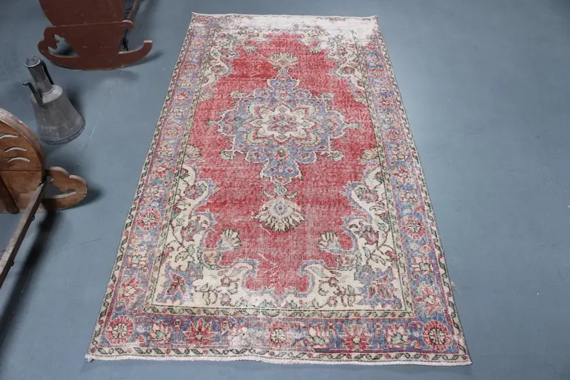 3.6x6.9 ft Vintage Halı, Oushak Halı, Kırmızı Çiçekli Halı Yün - 1
