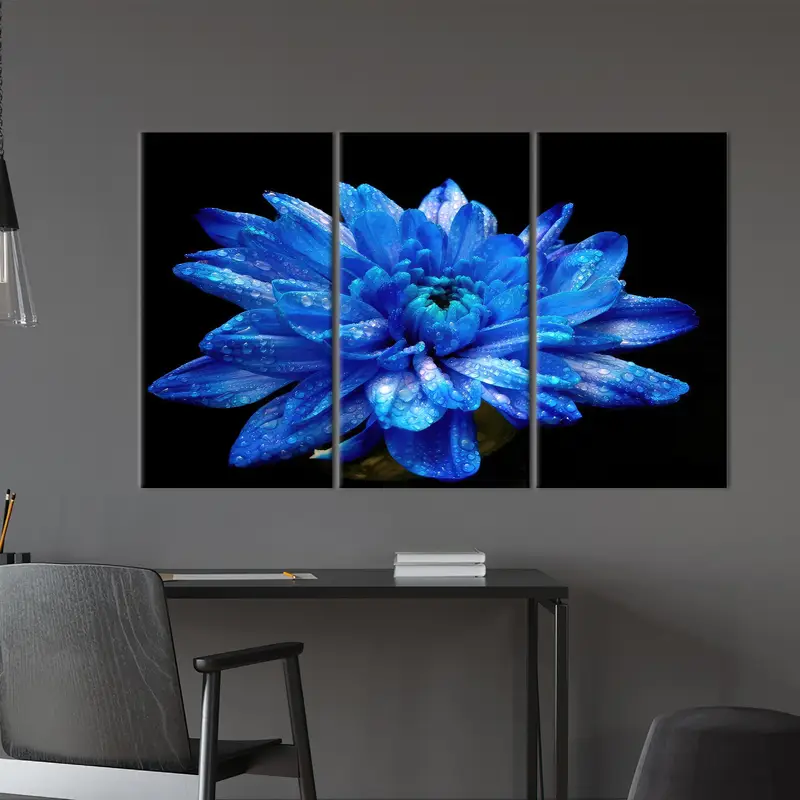 Blue Canvas Art, Blue Flower Decor, Black Wall Art, Modern Wall Art, Luxury Canvas Decor, Nice Blue Flower, Floral Canvas Art,Canvas Art - 2