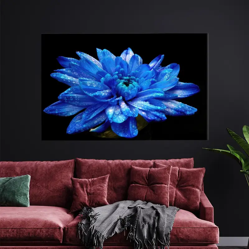 Blue Canvas Art, Blue Flower Decor, Black Wall Art, Modern Wall Art, Luxury Canvas Decor, Nice Blue Flower, Floral Canvas Art,Canvas Art - 1