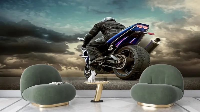 Autowandkunst, Garagenwandkunst, Motorrad -Liebeswandmalerei, Motorradwandkunst, wolkenes Wetter Wanddruck, - 1