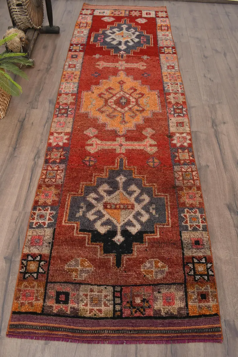 3x10.7 ft Türk Herki Halısı, Vintage Halı, Kırmızı Bitkiler ve ağaçlar Yün Halı - 1