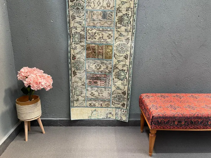 Turkish Oushak Rug 2.2x5.9 ft, Blue Brown Bordered Wool Vintage Rug - 1