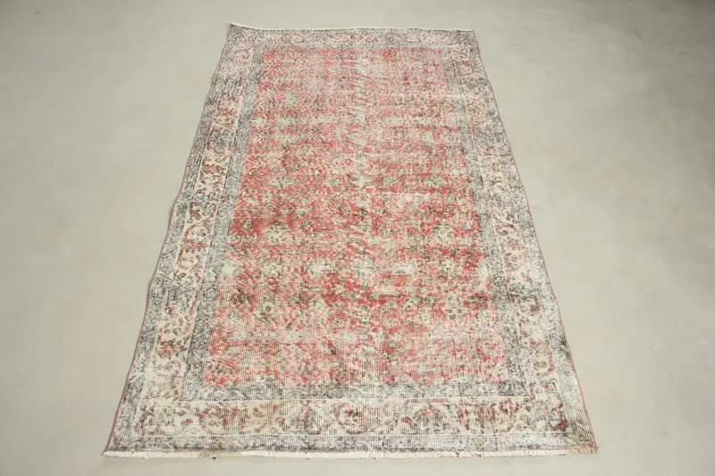 Türk Halısı, 3.7x6.7 ft Alan Halısı, Kırmızı Bitkiler ve ağaçlar Yün Vintage Halı - 1