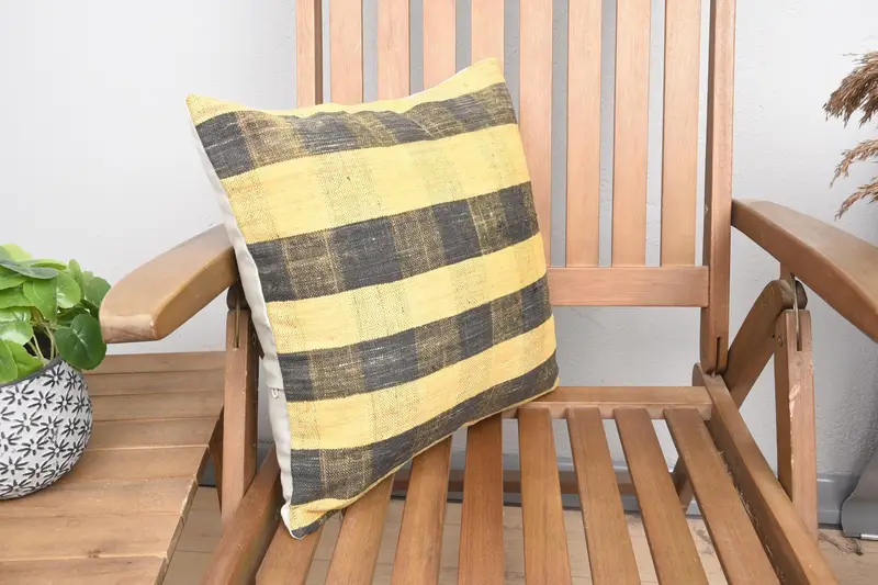 Cushion, Bright Pillow Cover, Handmade Kilim Cushion, 16x16 Yellow Cushion, Vintage Kilim Throw Pillow, Boho Pillow Sham Cover - 2