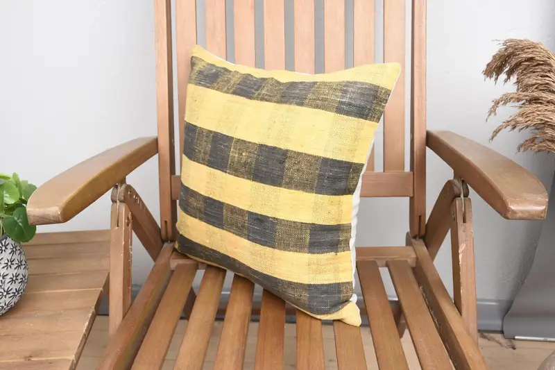 Cushion, Bright Pillow Cover, Handmade Kilim Cushion, 16x16 Yellow Cushion, Vintage Kilim Throw Pillow, Boho Pillow Sham Cover - 3