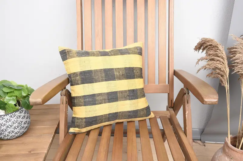 Cushion, Bright Pillow Cover, Handmade Kilim Cushion, 16x16 Yellow Cushion, Vintage Kilim Throw Pillow, Boho Pillow Sham Cover - 1