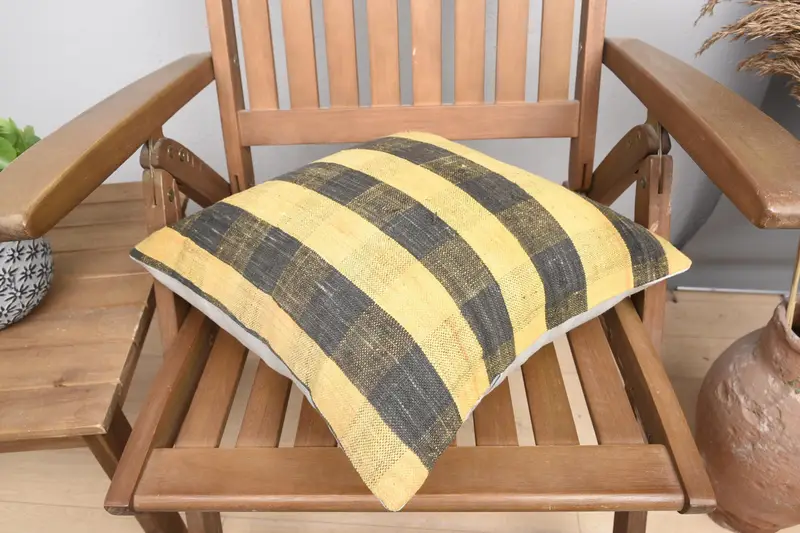 Cushion, Bright Pillow Cover, Handmade Kilim Cushion, 16x16 Yellow Cushion, Vintage Kilim Throw Pillow, Boho Pillow Sham Cover - 4