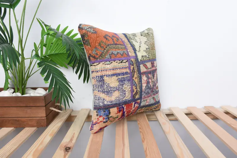 Meditation Cushion, Gift Pillow, Antique Pillows, 16x16 Blue Cushion Cover, Pillow Sham, Ethnical Kilim Rug Pillow, Christmas Pillow Case - 4