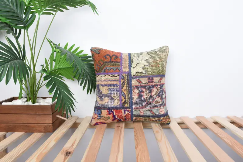 Meditation Cushion, Gift Pillow, Antique Pillows, 16x16 Blue Cushion Cover, Pillow Sham, Ethnical Kilim Rug Pillow, Christmas Pillow Case - 1
