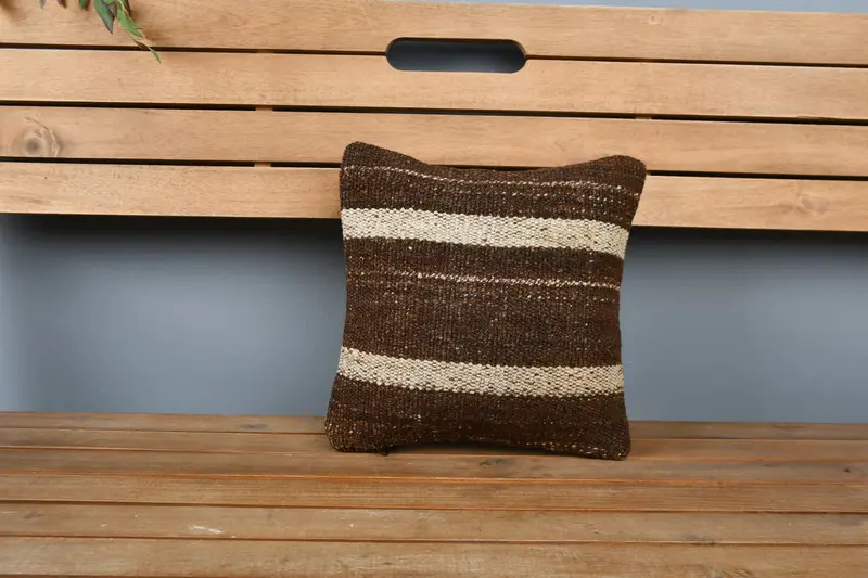 Ottoman Pillow, Throw Kilim Pillow, Pillow for Couch, Pillow, Retro Throw Cushion Cover, 12x12 Brown Cushion, Ethnical Kilim Rug Pillow - 6