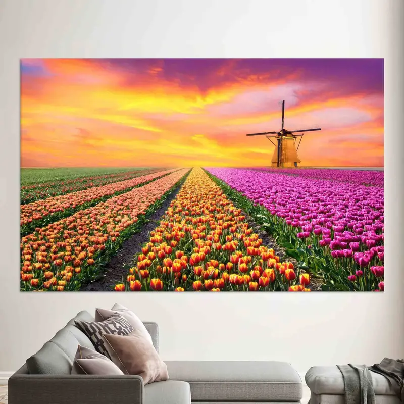 サンセット チューリップ ガーデン キャンバス: 鮮やかな農家の装飾