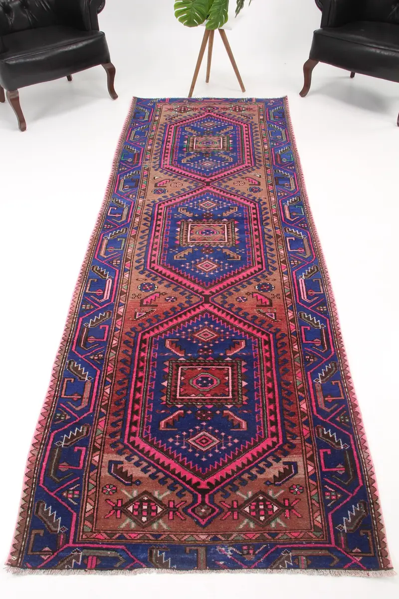 Vintage Teppich, 3,3x9,4 ft Läuferteppich, blauer türkischer Patchwork-Wollteppich - 1