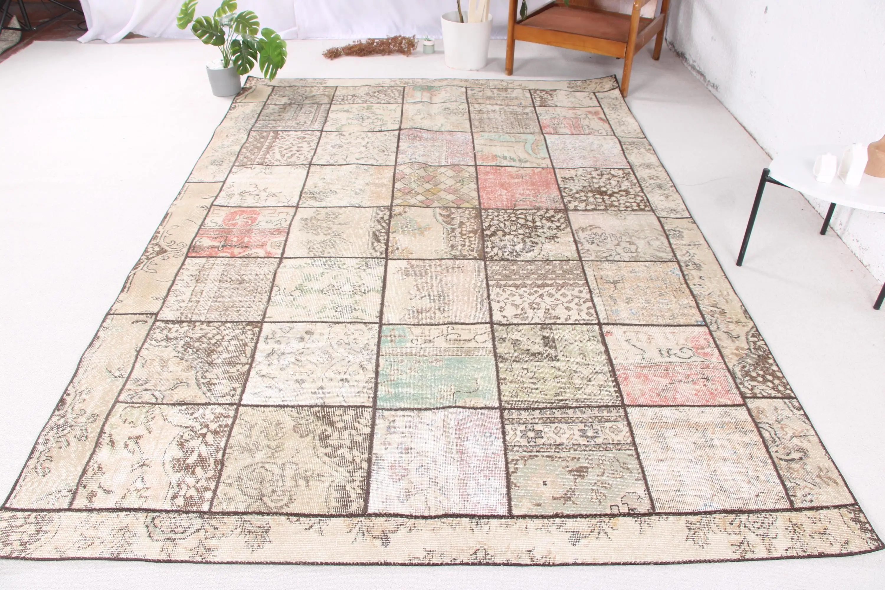 Turkish Rug, 6.3x9.4 ft Large Rug, Brown Floral Wool Vintage Rug - 1