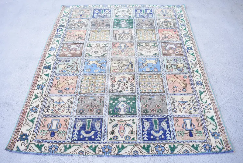 Vintage Oushak Bölge Halısı 5.2x6.2 ft (158x188 cm), Türk Mavisi Çiçekli Halı - 1