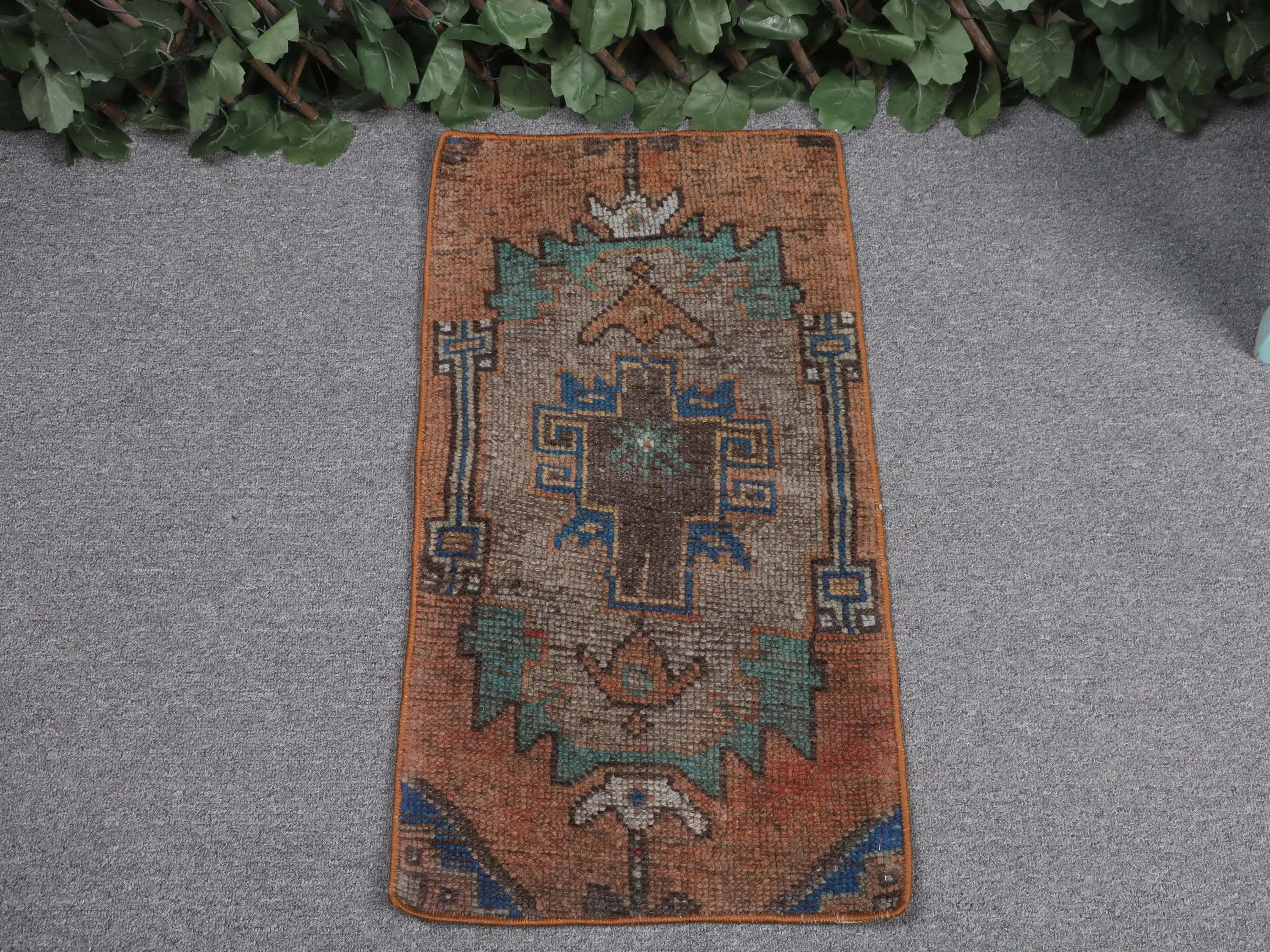 Vintage Turkish Rug 1.2x2.3 ft, Brown Small Striped Wool Rug - 1