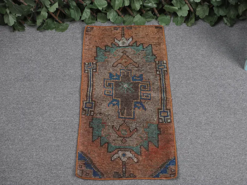 Bronze- und blauer Teppich, 1,2 x 2,3 Fuß, gestreiftes geometrisches Design