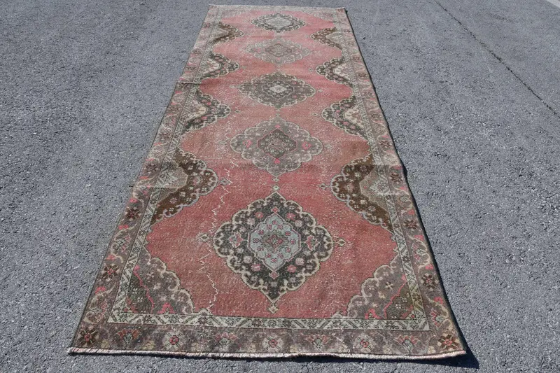 Vintage Türk Yolluk Halısı 4.3x12 ft, Oushak Kırmızı Yün Halı - 1