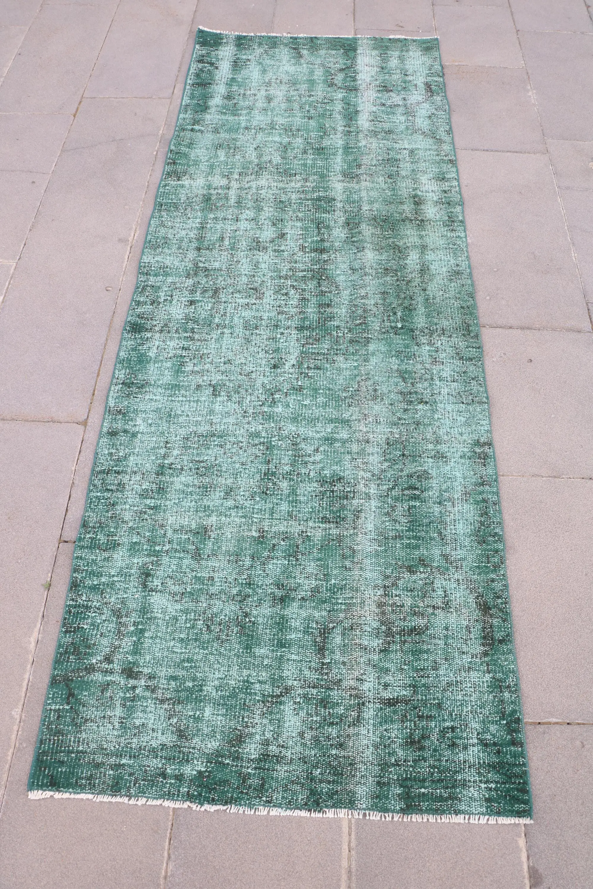 Turkish Vintage Rug 2.9x8.2 ft (88x249 cm), Green Black Polka dot Rug - 1
