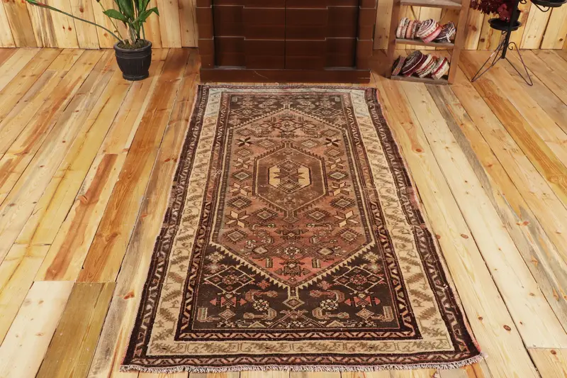 Türk Aksanlı Halı 3.4x6.6 ft, Kahverengi Kırmızı Paisley Halı Yün - 1