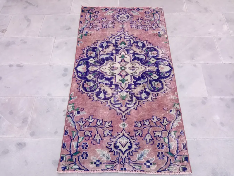 Mor ve Mavi Halı, 2,67x5 ft Geometrik Çiçek Desenli