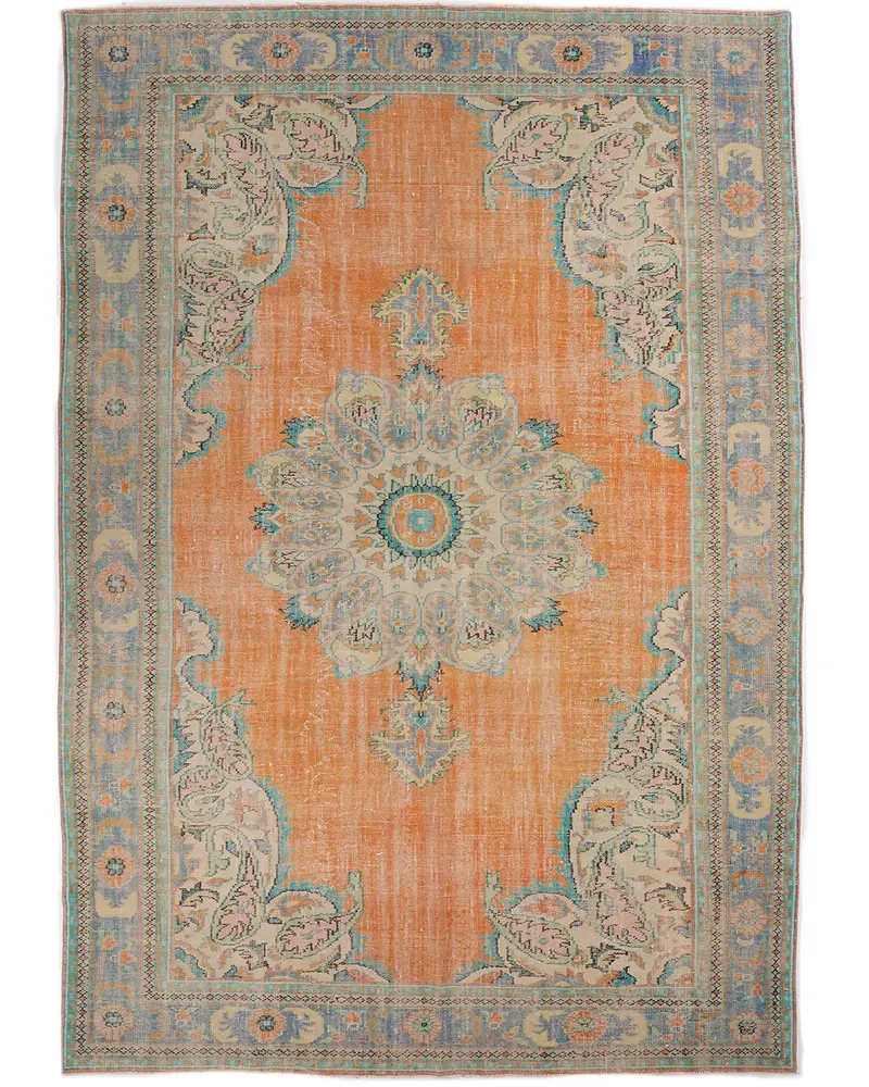 Canlı 9,1x13,1 ft Halı, Zarif Turuncu ve Mavi İran Tasarımı