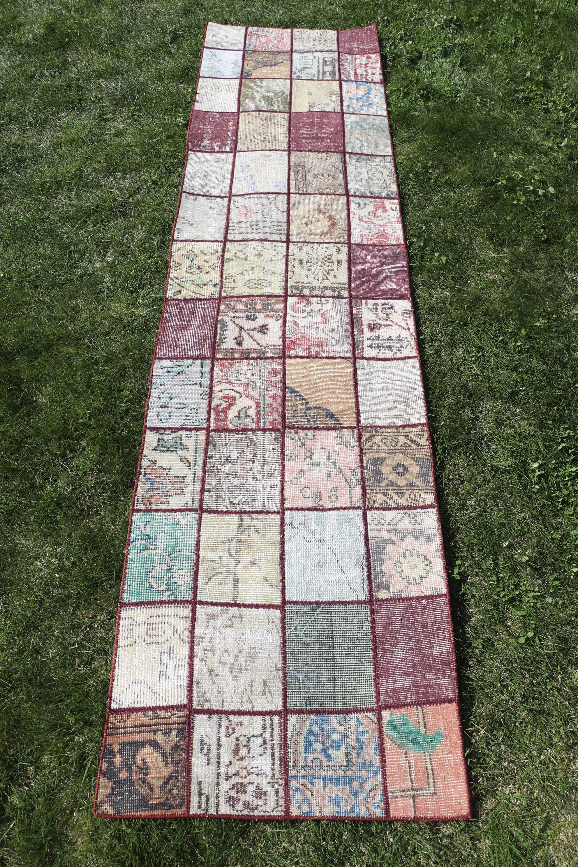 Vintage Turkish Rug, 2.1x8.8 ft Rug, Red White Check Wool Rug - 1