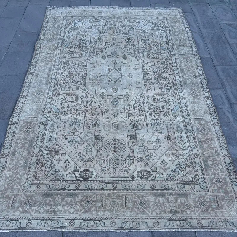 6.4x9.8 ft Oushak Turkish Rug, Gray Polka dot Vintage Rug Wool - 1