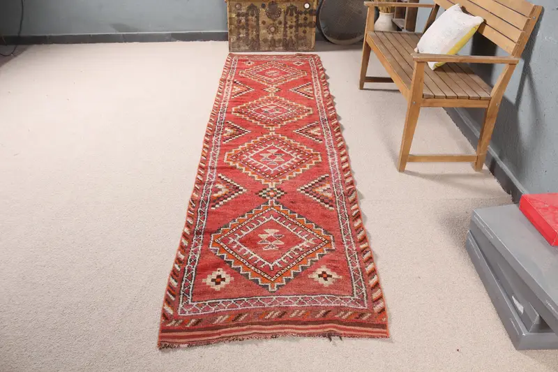 Pink and Orange Rug, 2.7x10.2 ft Floral and Geometric