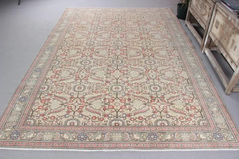 Handmade Beige Oriental Rug, 5.4x9.5 ft with Red Accents