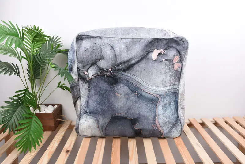 Blue & Beige Kilim Pouf, 24x24x6 Handmade Turkish Pouf